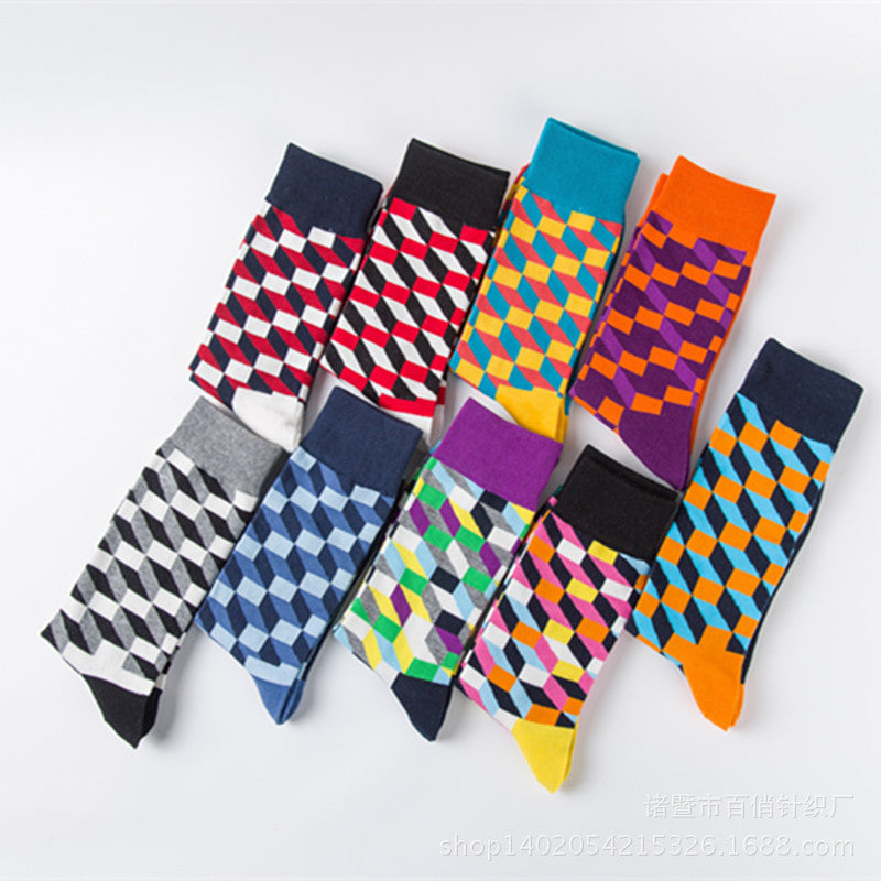 Geometric Cube Print Cotton Crew Socks - view 1