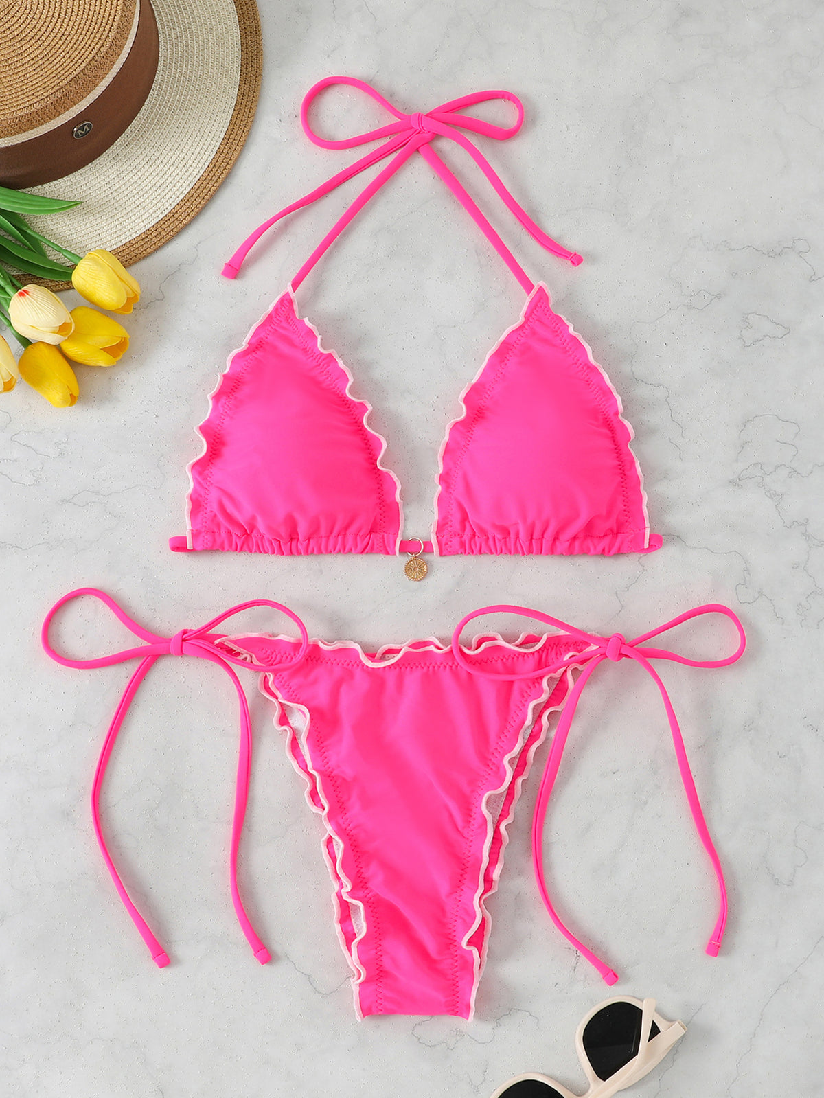 Scalloped Edge Halter Triangle Bikini Set - Pink