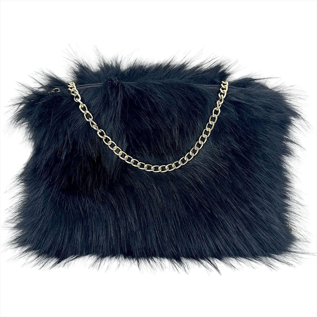 Shaggy Faux Fur Chain Clutch Bag - Black