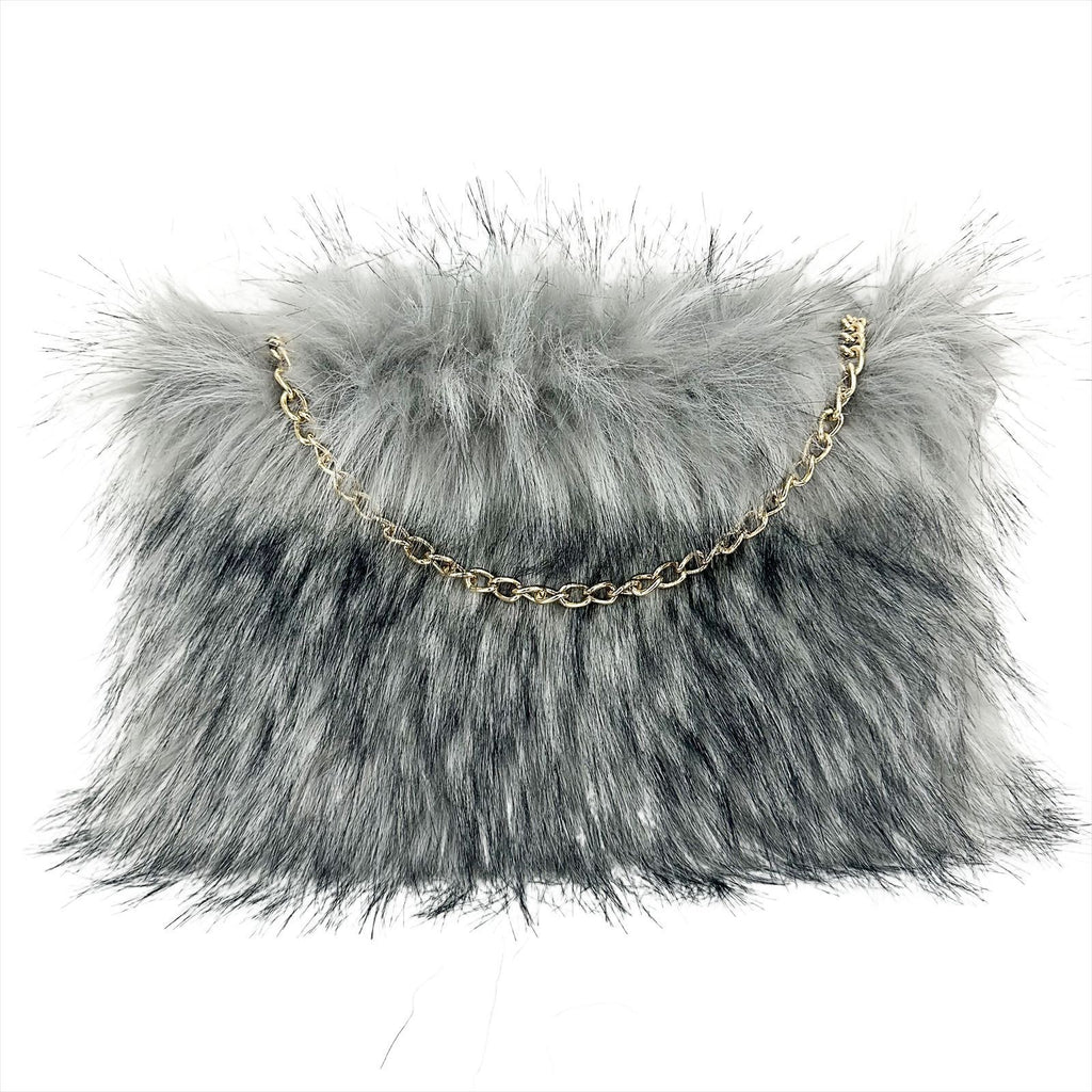 Shaggy Faux Fur Chain Clutch Bag - Grey