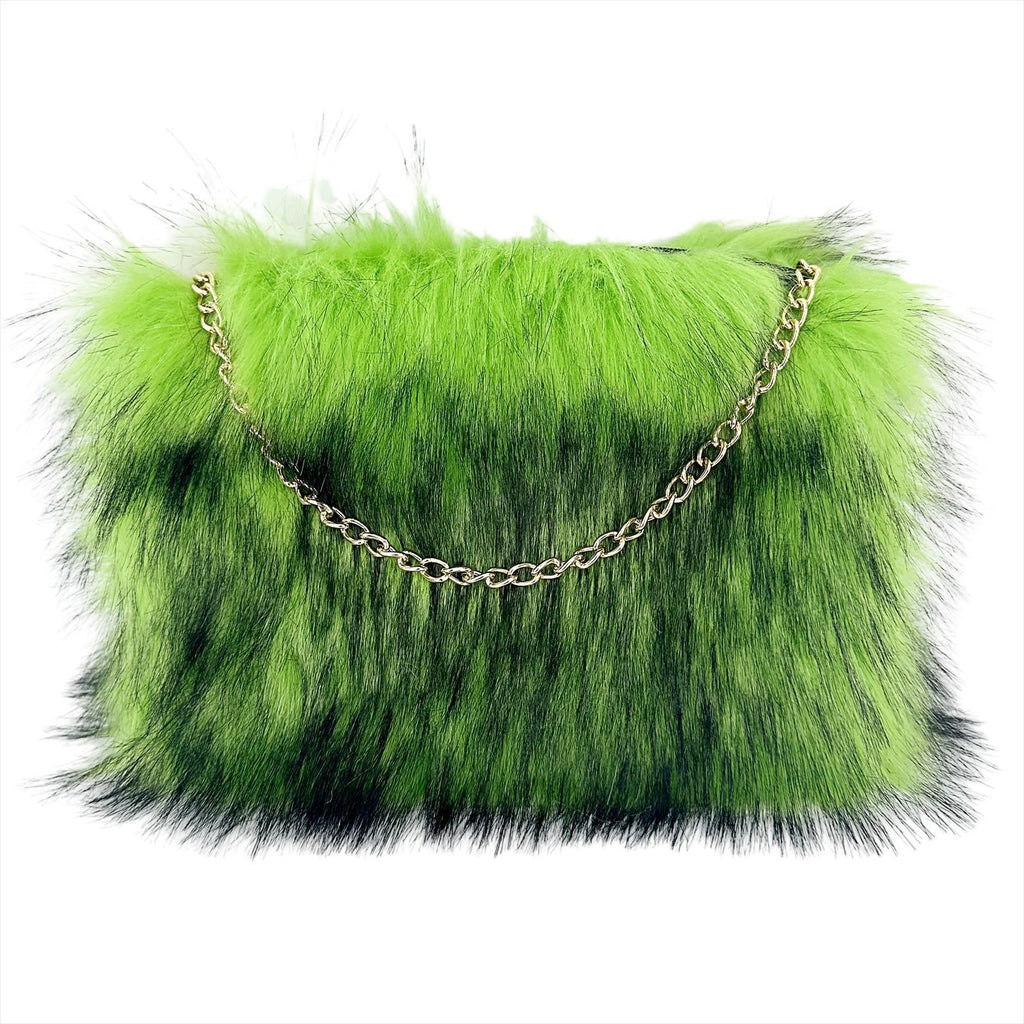 Shaggy Faux Fur Chain Clutch Bag - Neon Green