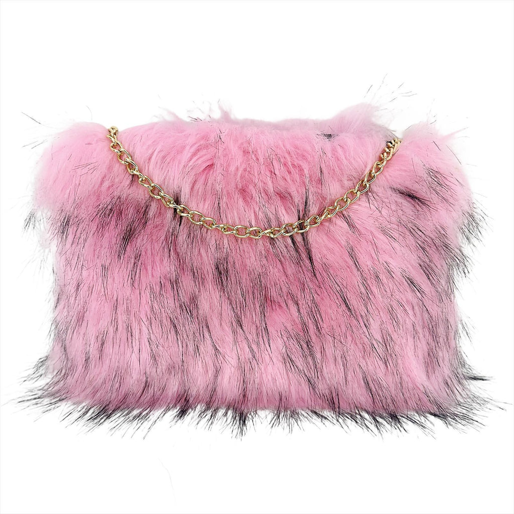 Shaggy Faux Fur Chain Clutch Bag - Pink