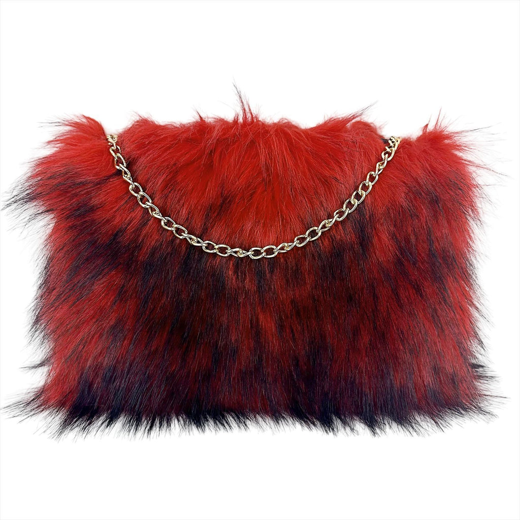 Shaggy Faux Fur Chain Clutch Bag - Red