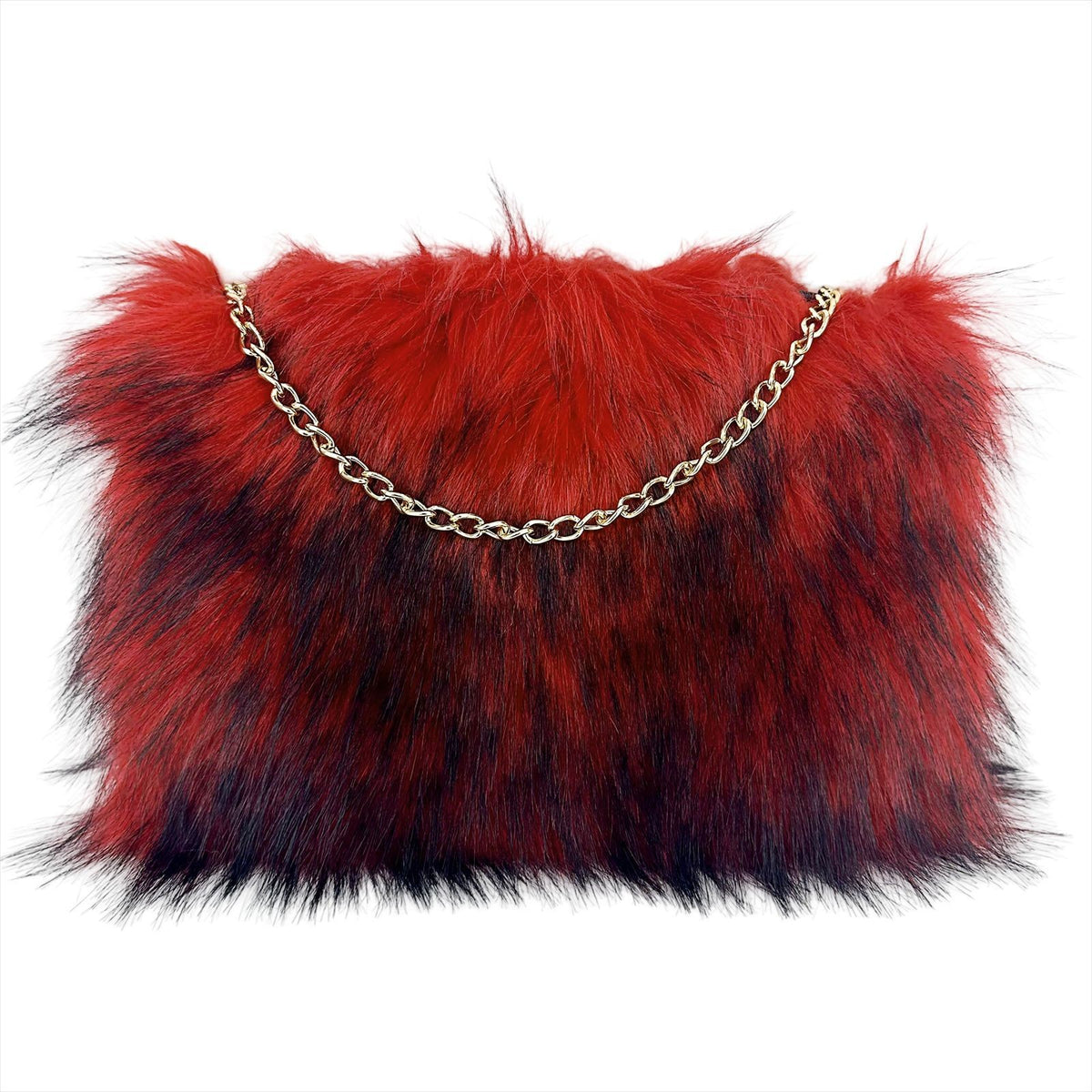 Shaggy Faux Fur Chain Clutch Bag - Red