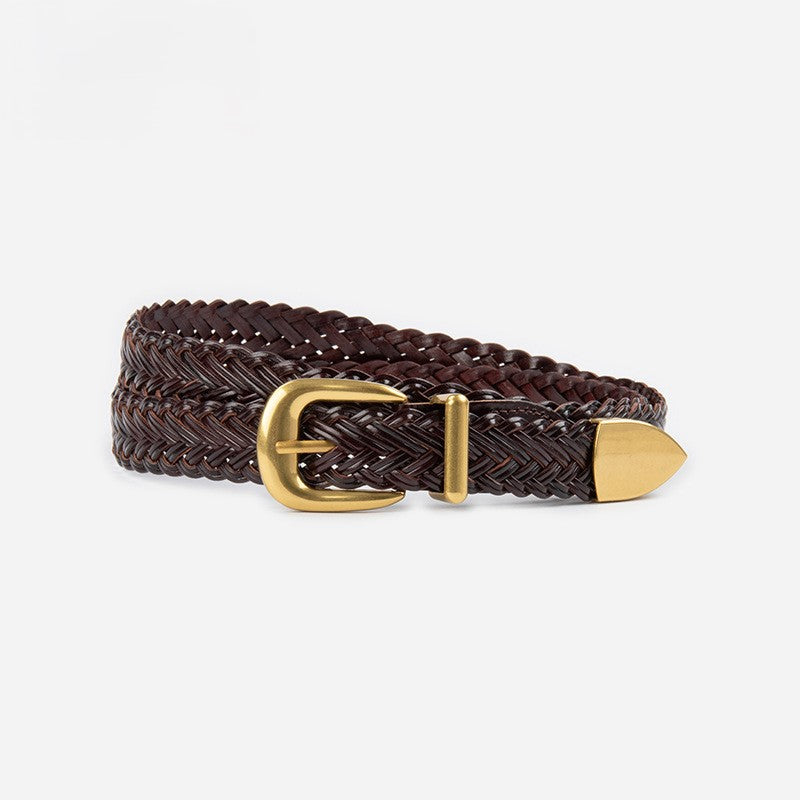 Arrow Tip Braided Skinny Belt - Coffee