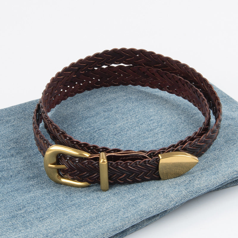 Arrow Tip Braided Skinny Belt - Coffee - 2