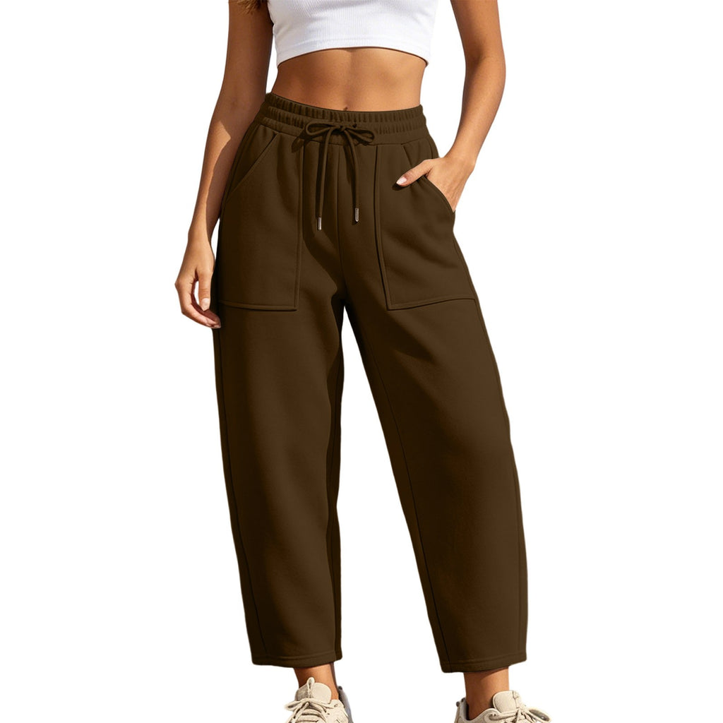 Fleece Lined Barrel Leg Athletic Joggers With Pockets - Brown