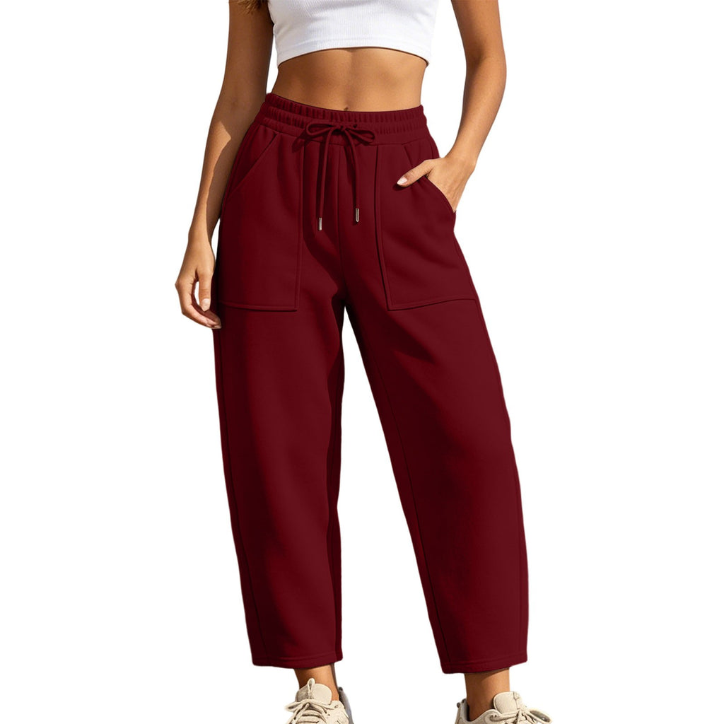 Fleece Lined Barrel Leg Athletic Joggers With Pockets - Burgundy