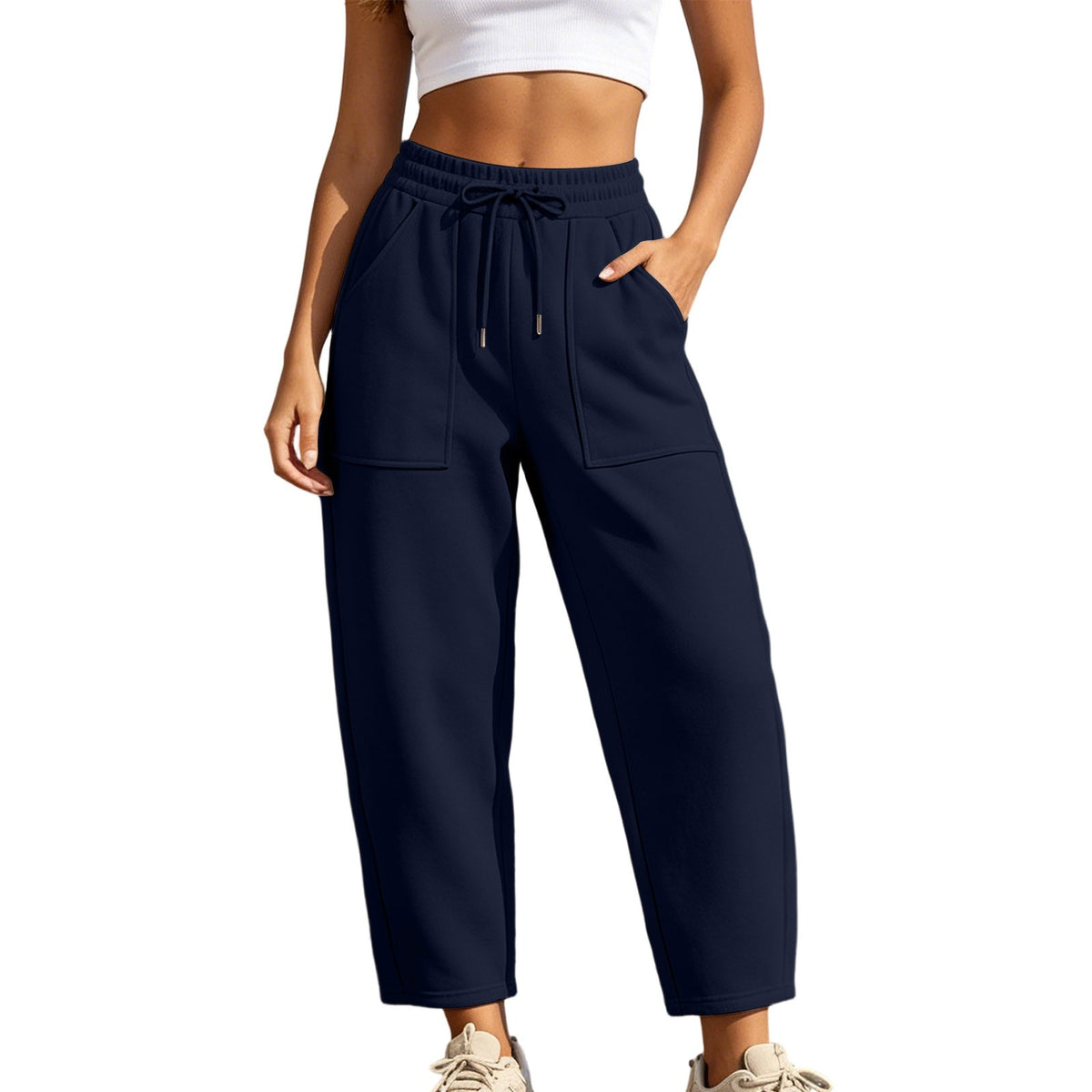Fleece Lined Barrel Leg Athletic Joggers With Pockets - Navy