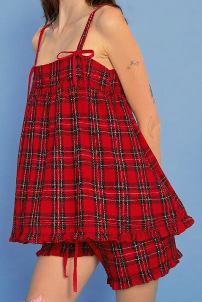 Bow Strap Cami and Ruffle Shorts Set - Red
