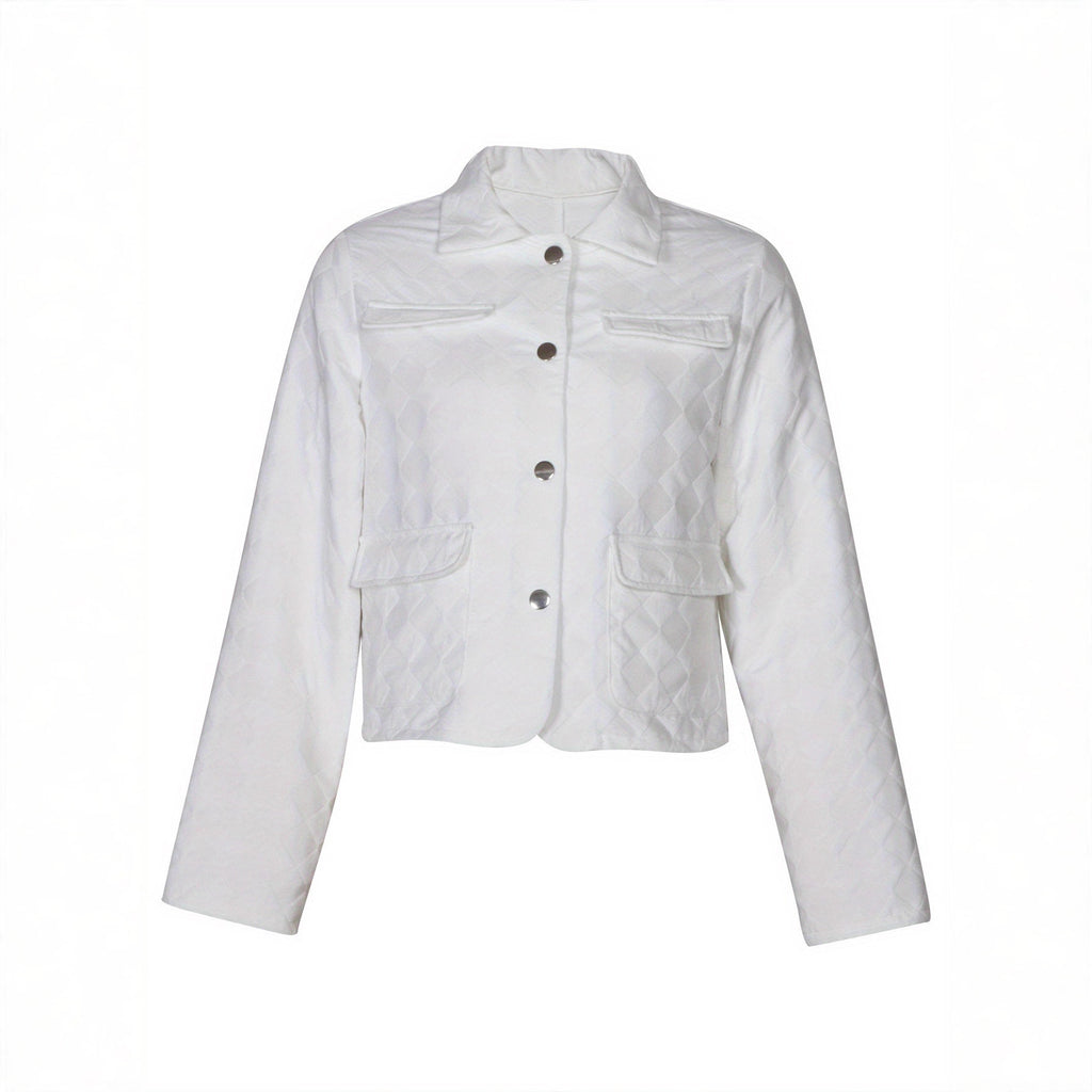 Diamond Textured Collared Cropped Jacket - White - 1