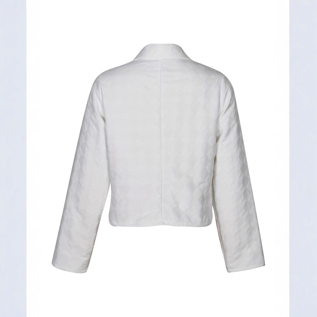Diamond Textured Collared Cropped Jacket - White - 2