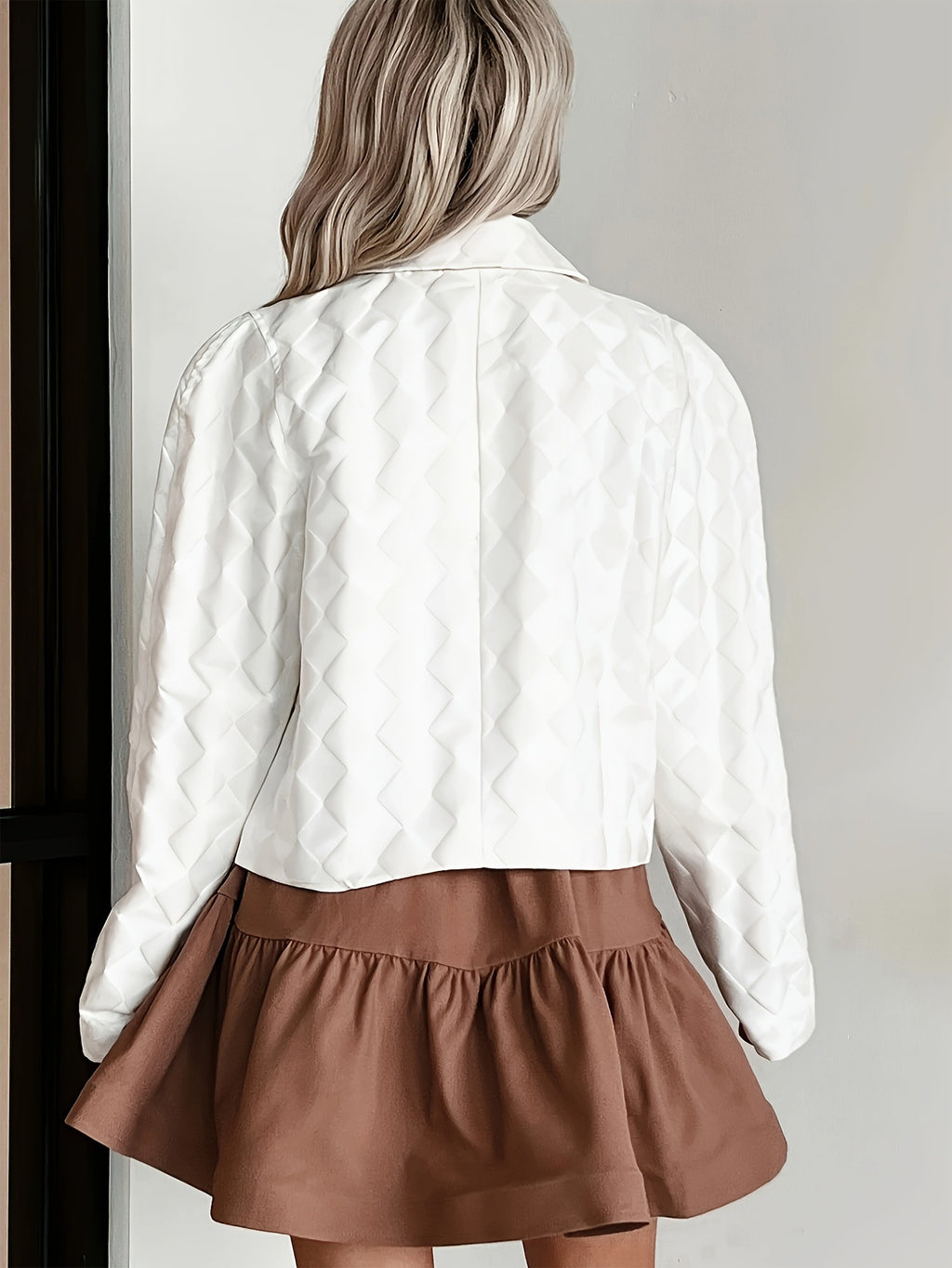 Diamond Textured Collared Cropped Jacket - White - 3