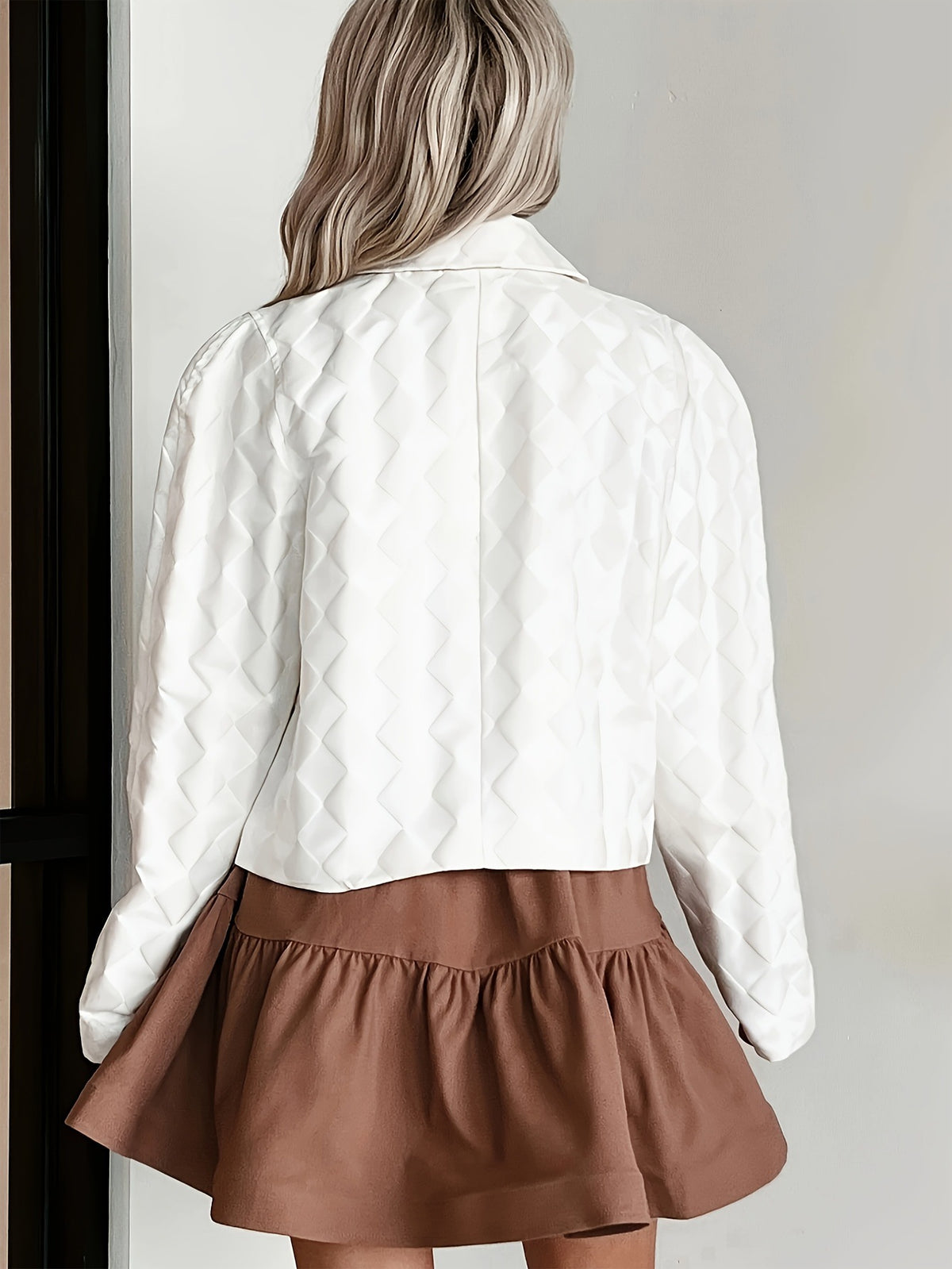 Diamond Textured Collared Cropped Jacket - White - 3