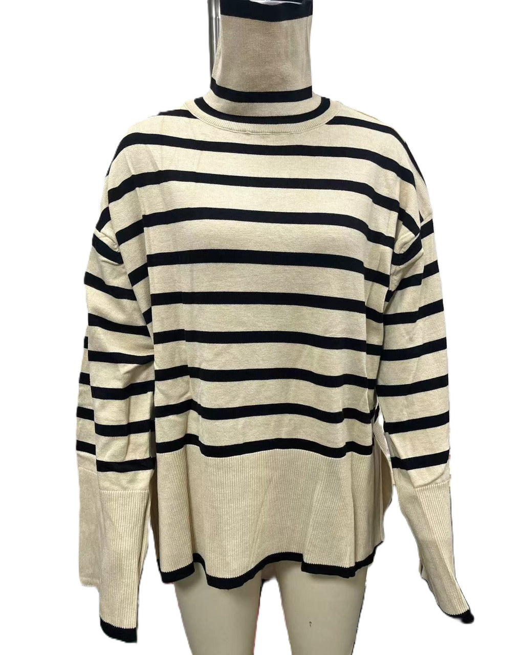 Breton Stripe Slouchy Turtleneck Sweater - Apricot