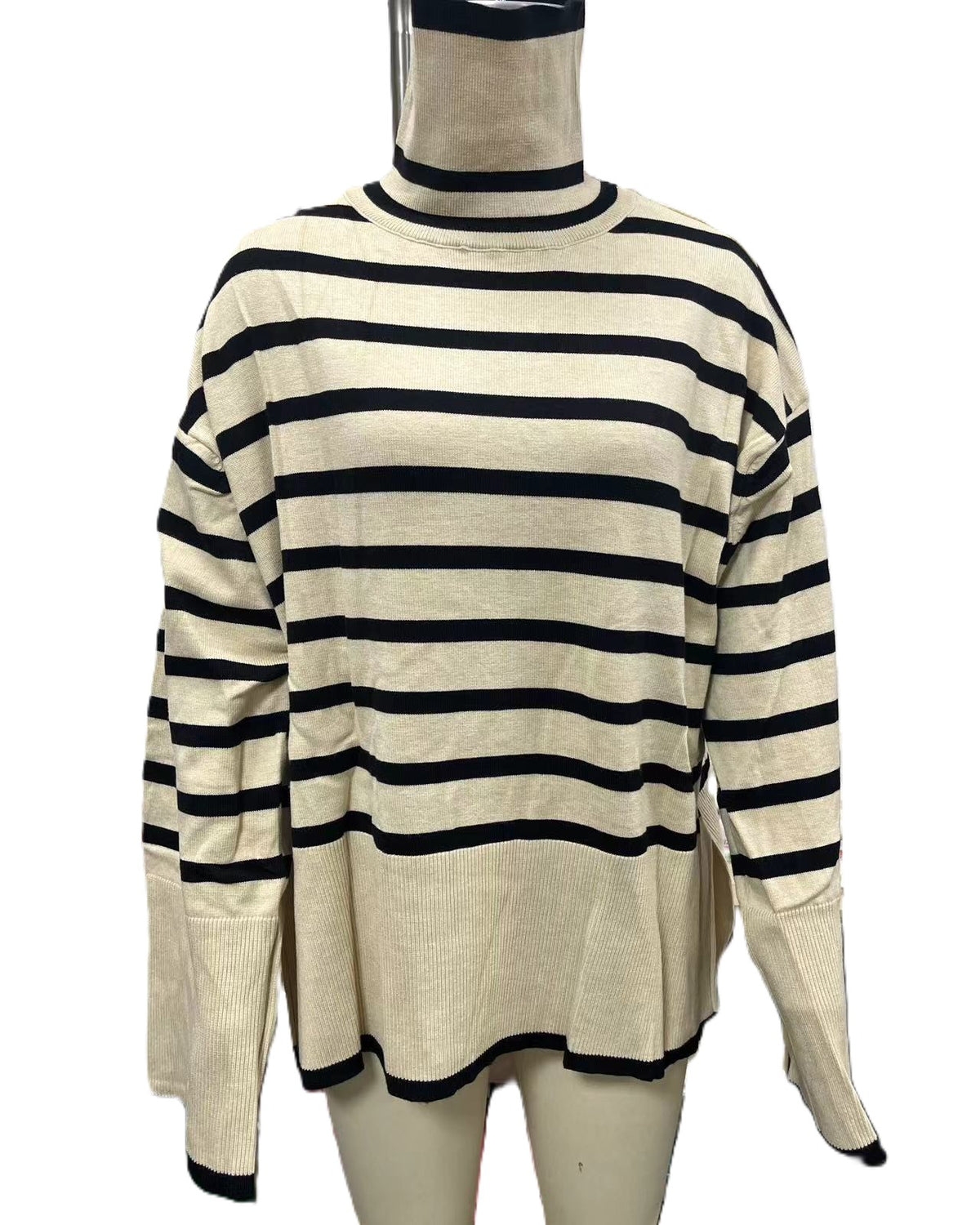 Breton Stripe Slouchy Turtleneck Sweater - Apricot