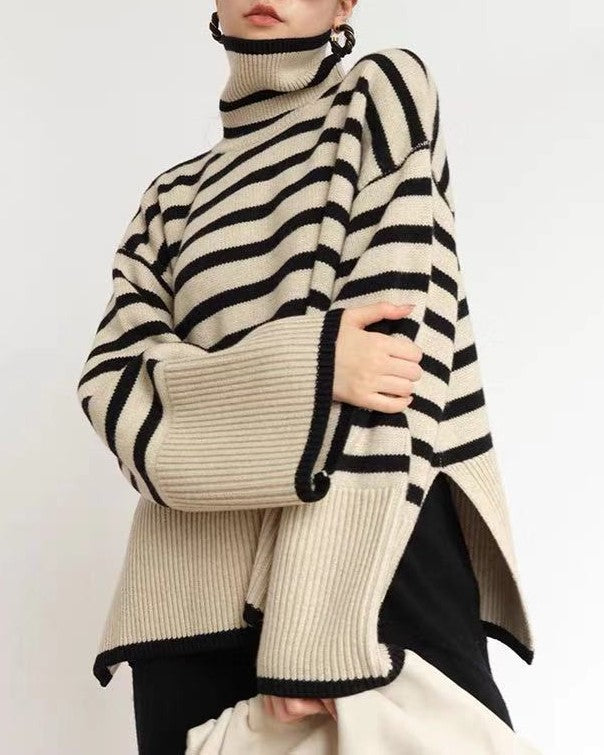 Breton Stripe Slouchy Turtleneck Sweater - Apricot - 1