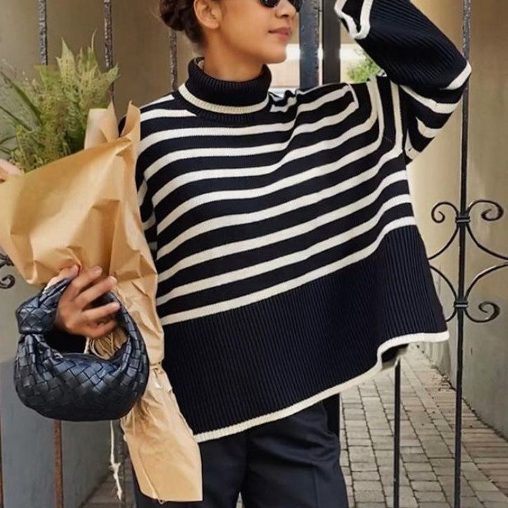 Breton Stripe Slouchy Turtleneck Sweater - Black