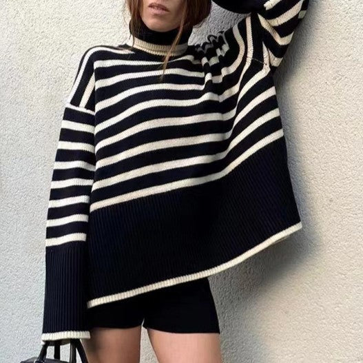 Breton Stripe Slouchy Turtleneck Sweater - Black - 1