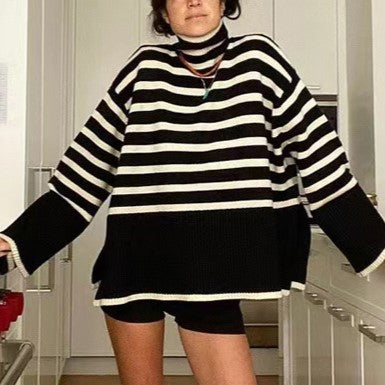 Breton Stripe Slouchy Turtleneck Sweater - Black - 2