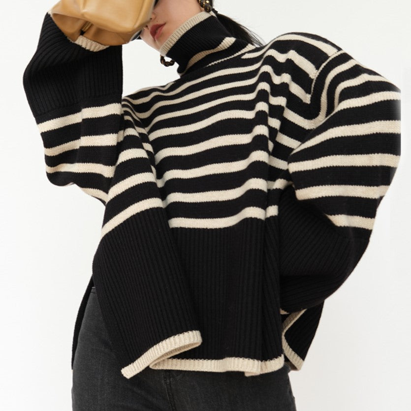 Breton Stripe Slouchy Turtleneck Sweater - Black - 3