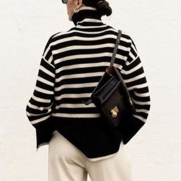 Breton Stripe Slouchy Turtleneck Sweater - Black - 4