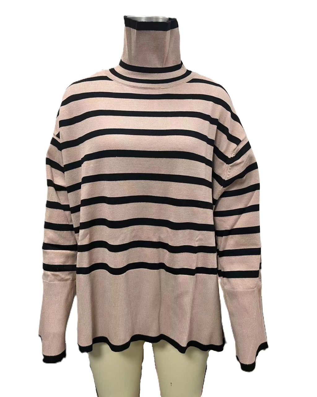 Breton Stripe Slouchy Turtleneck Sweater - Khaki