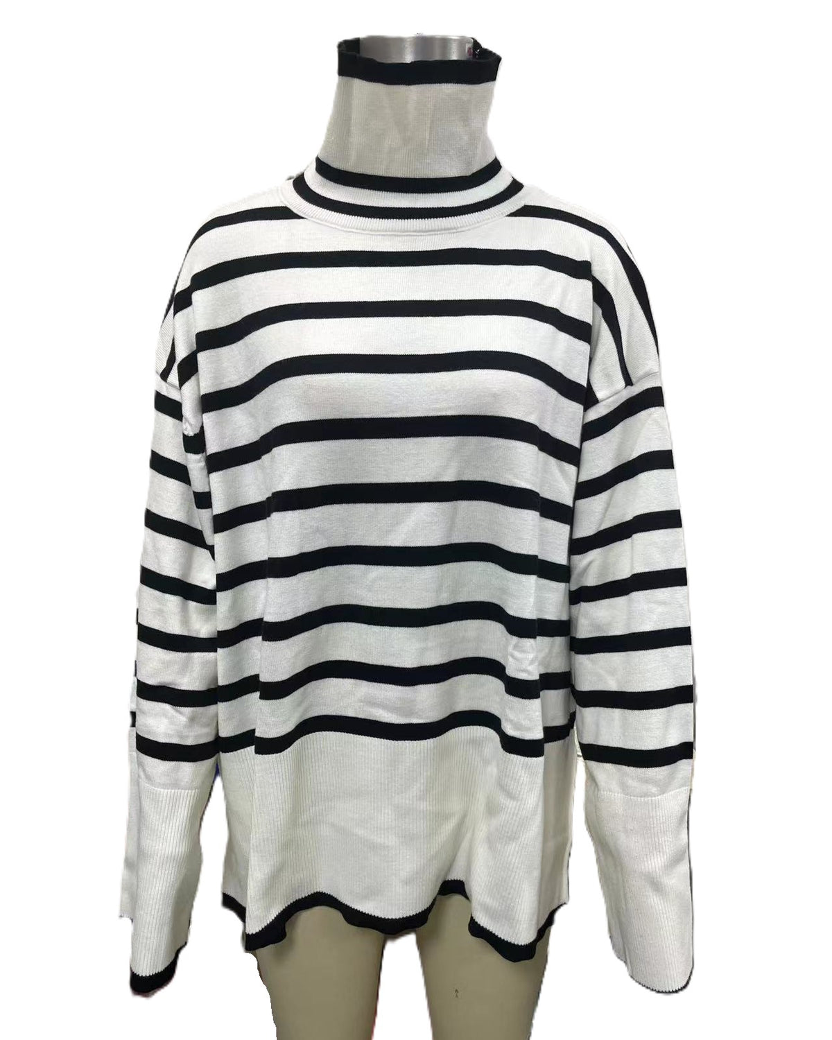 Breton Stripe Slouchy Turtleneck Sweater - White
