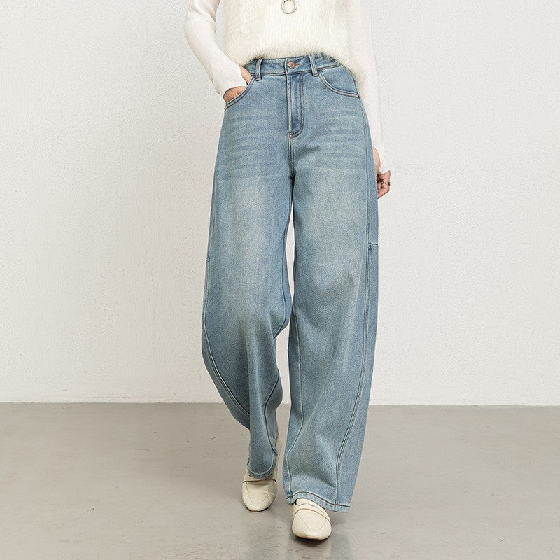 High Rise Curved Seam Washed Barrel Jeans