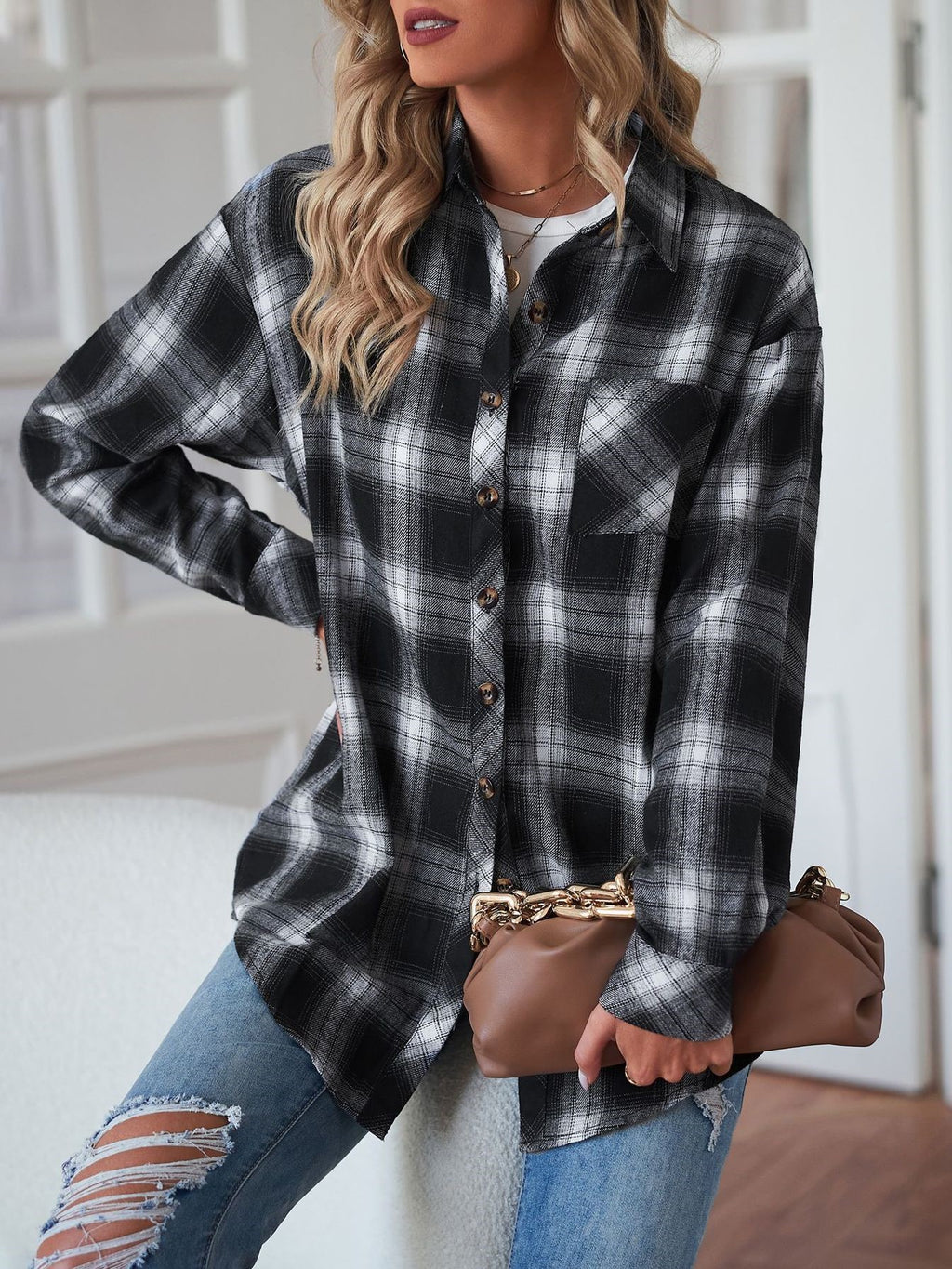 Plaid Check Oversized Button Down Shacket - Black - 1