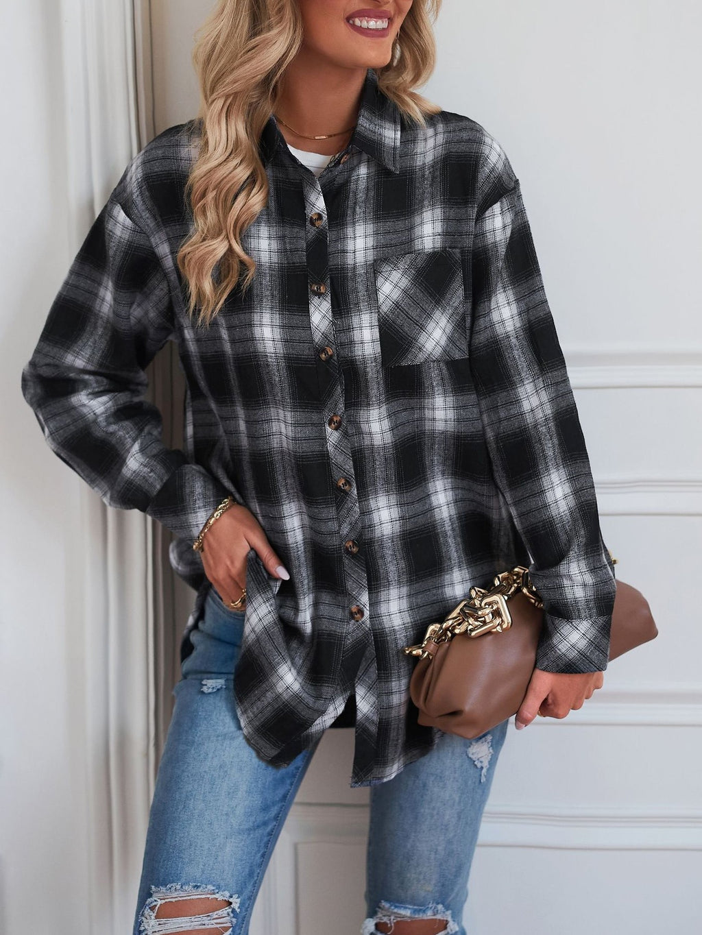 Plaid Check Oversized Button Down Shacket - Black - 2
