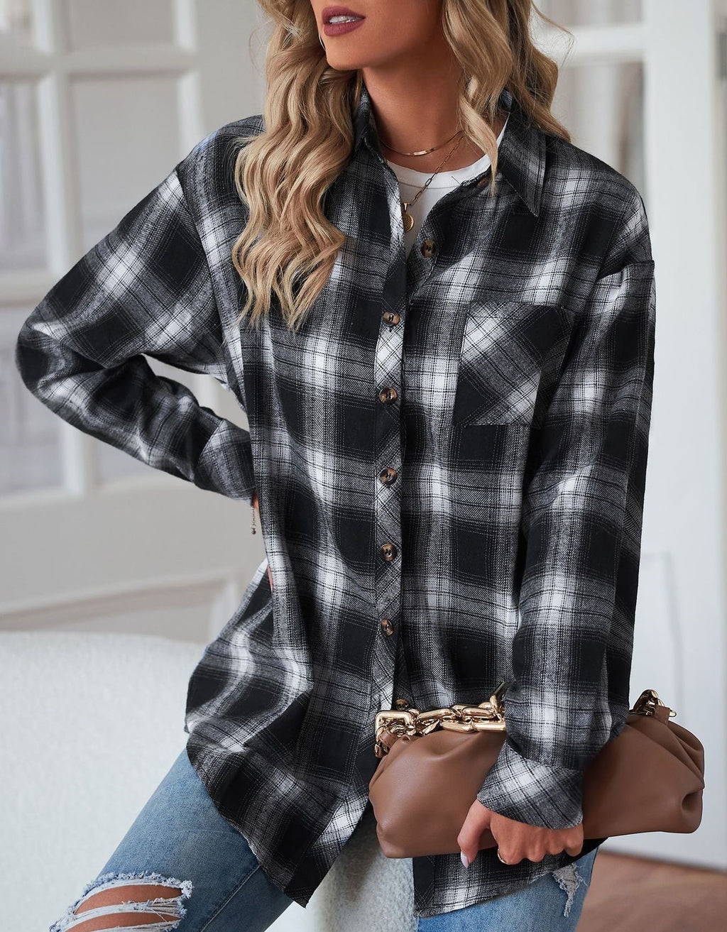 Plaid Check Oversized Button Down Shacket - Black - 3