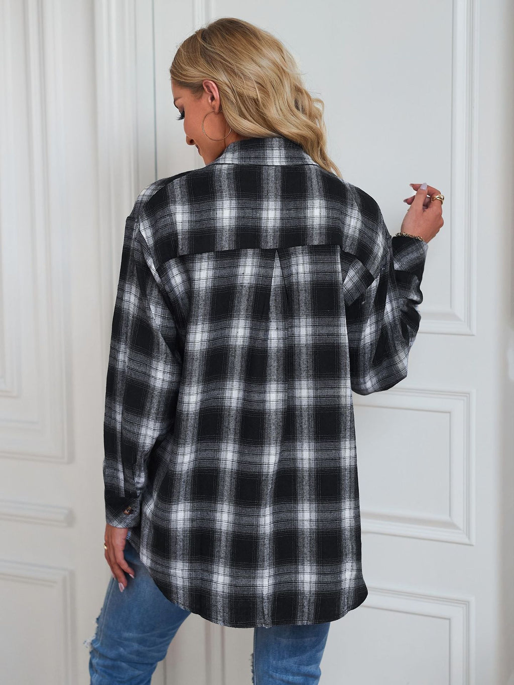 Plaid Check Oversized Button Down Shacket - Black - 4