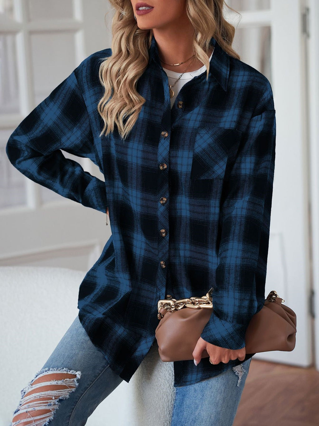 Plaid Check Oversized Button Down Shacket - Blue
