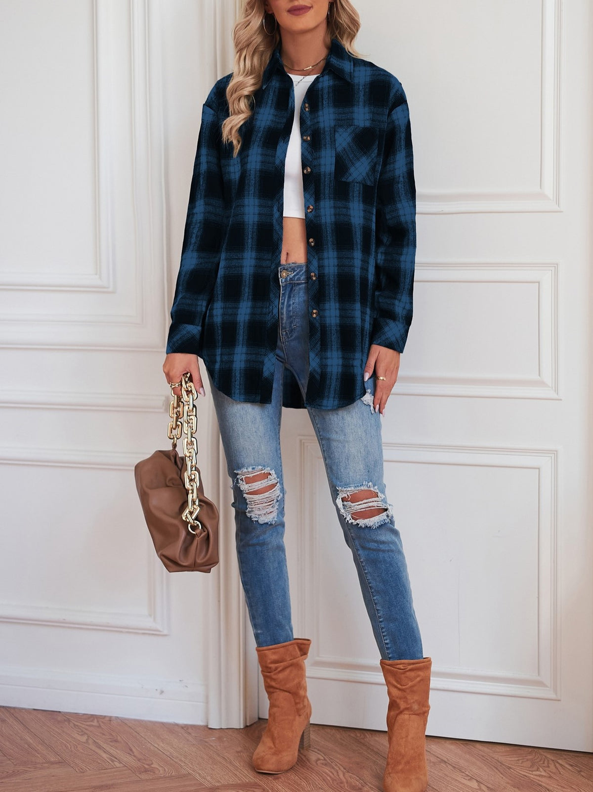 Plaid Check Oversized Button Down Shacket - Blue - 1