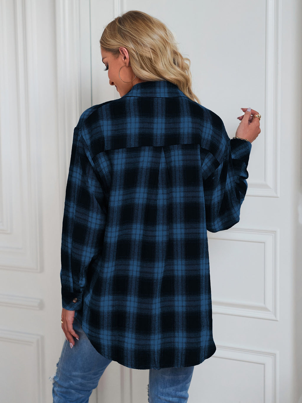 Plaid Check Oversized Button Down Shacket - Blue - 2