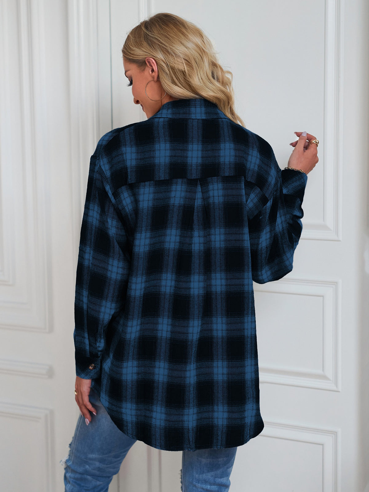 Plaid Check Oversized Button Down Shacket - Blue - 2