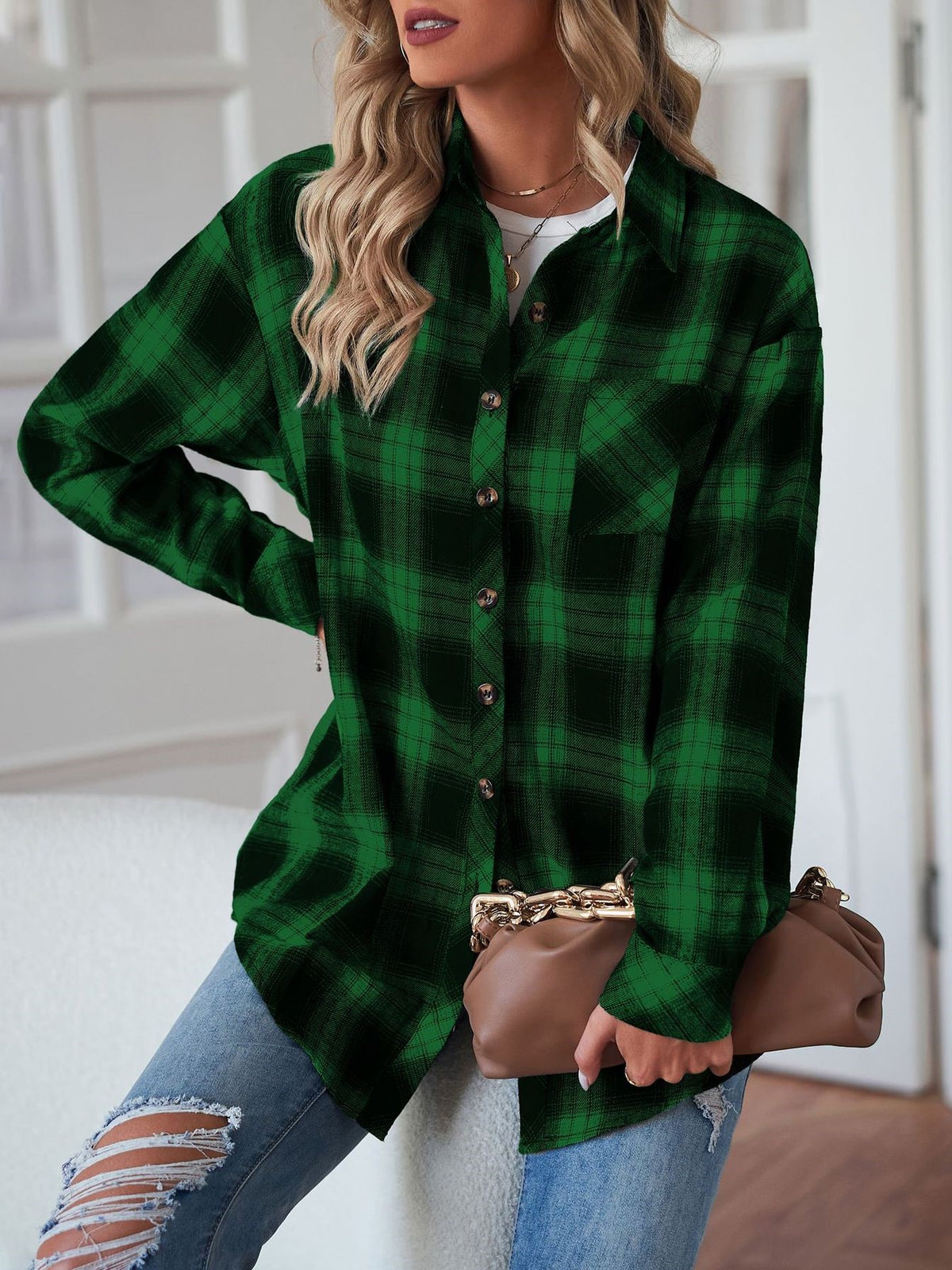 Plaid Check Oversized Button Down Shacket - Green