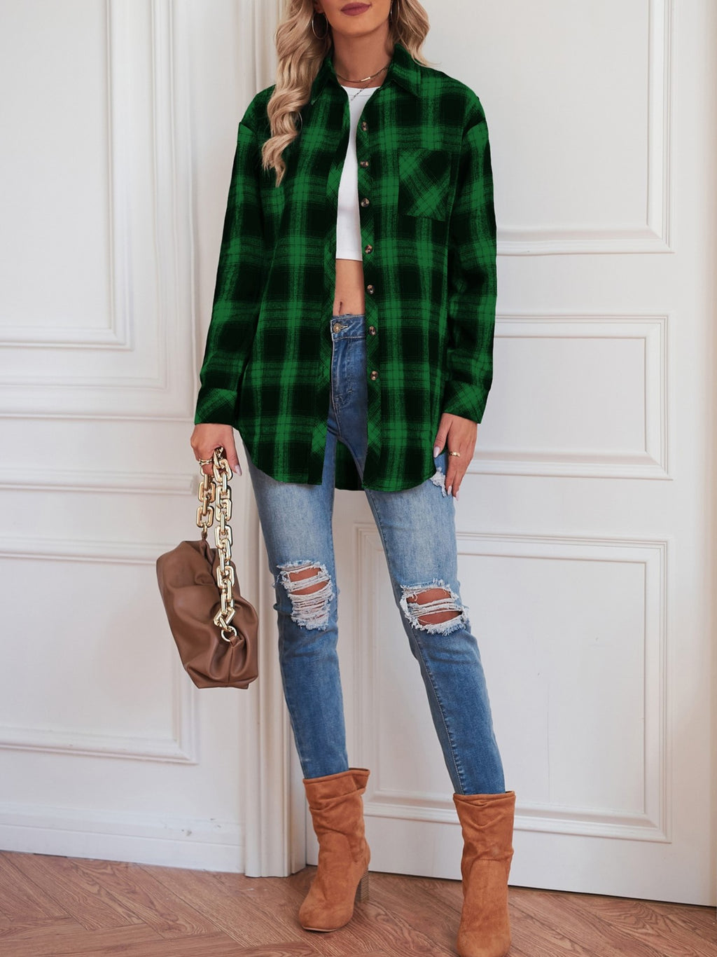 Plaid Check Oversized Button Down Shacket - Green - 1