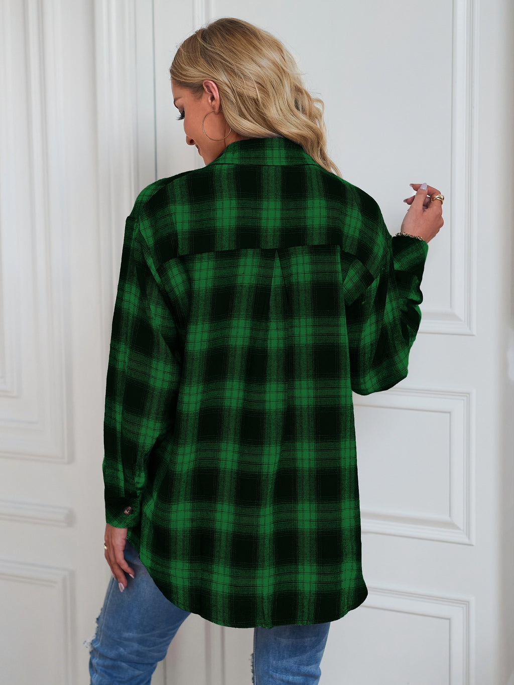 Plaid Check Oversized Button Down Shacket - Green - 2