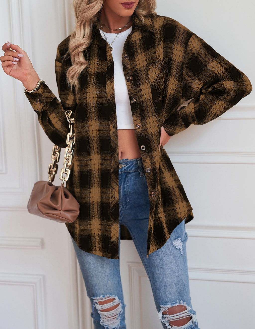 Plaid Check Oversized Button Down Shacket - Khaki - 1