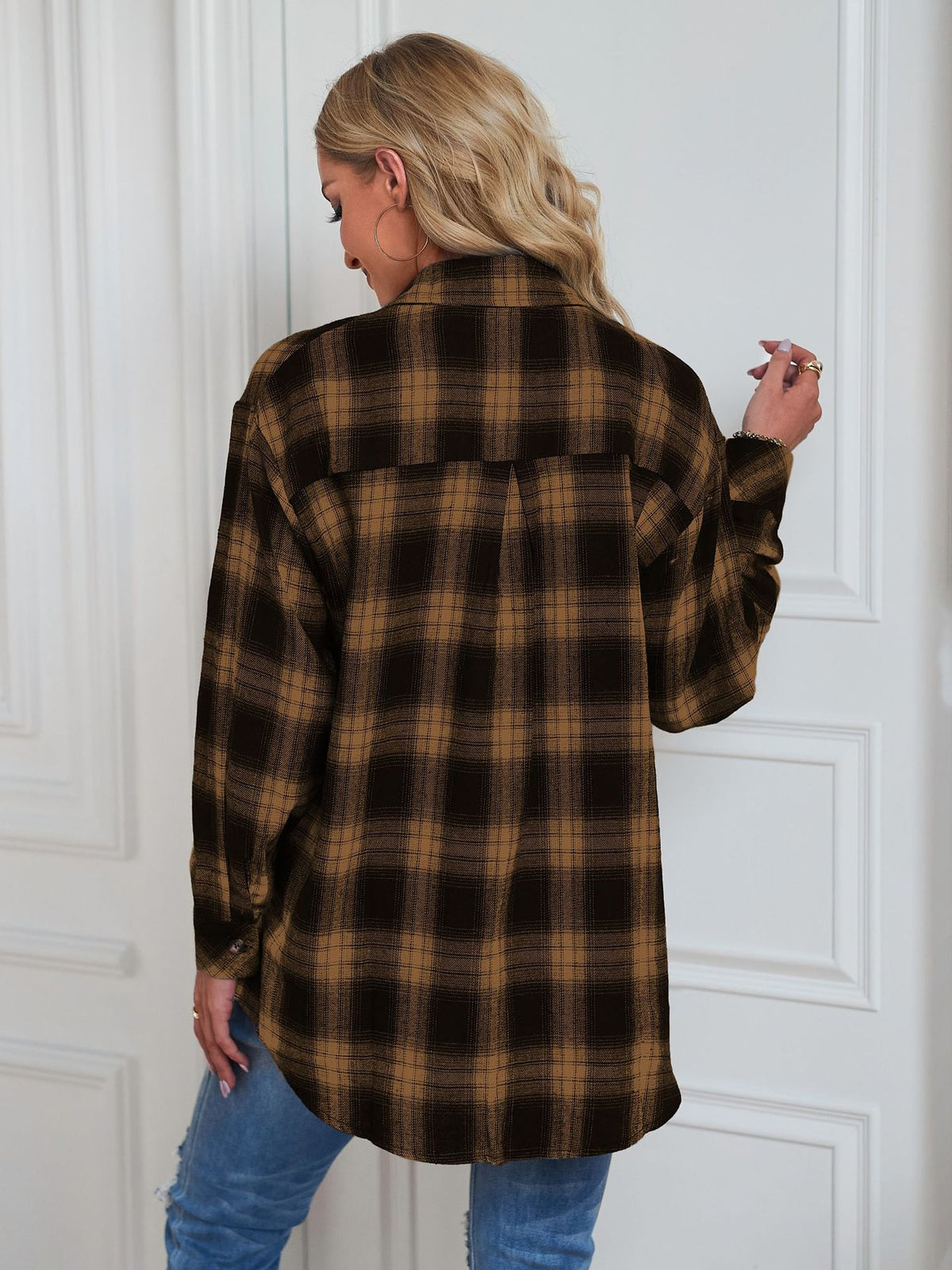 Plaid Check Oversized Button Down Shacket - Khaki - 2