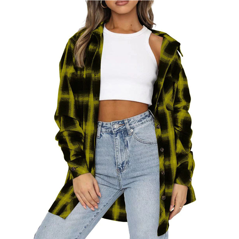 Plaid Check Oversized Button Down Shacket - Yellow
