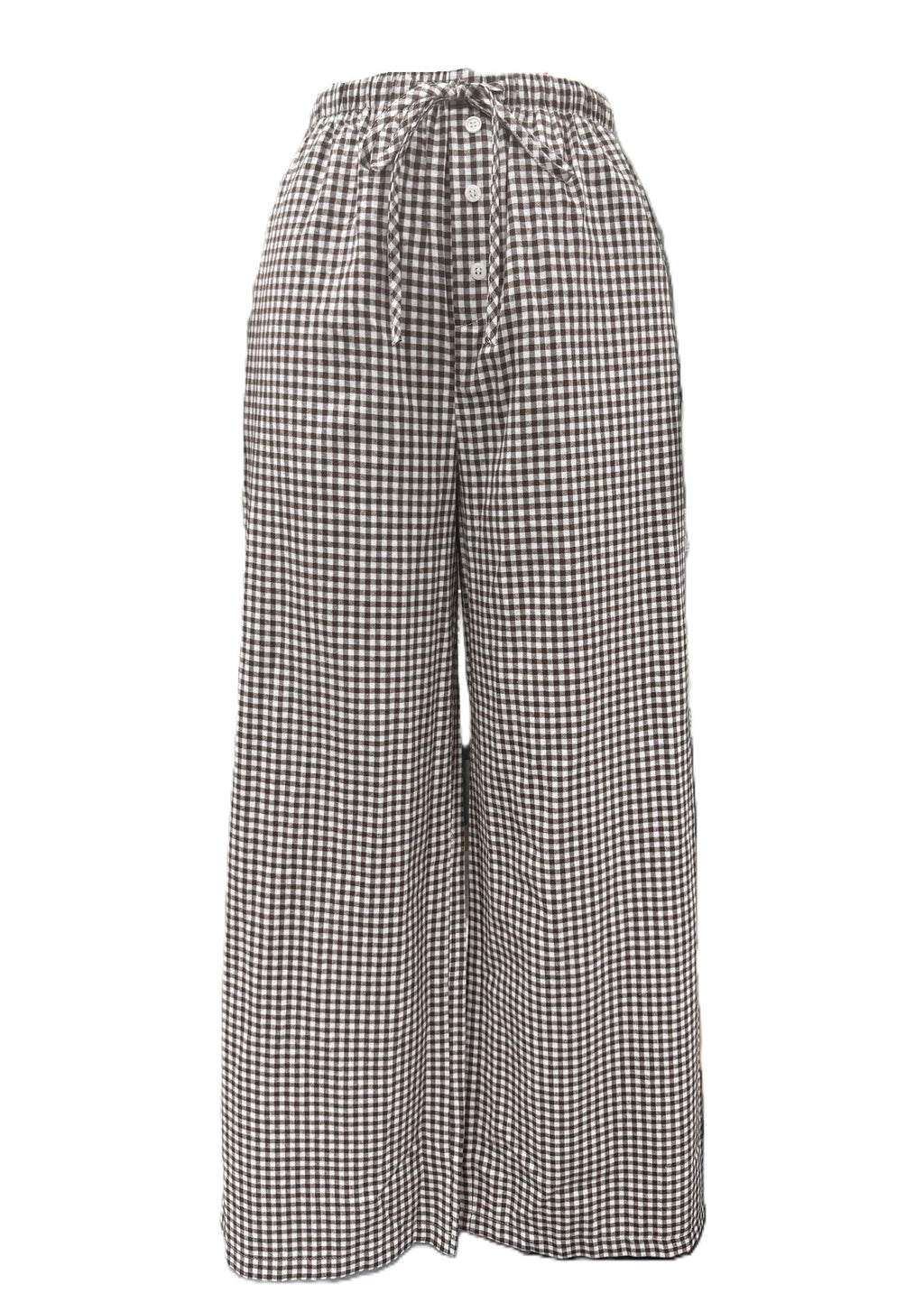 Gingham Check Wide Leg Drawstring Pants - Coffee