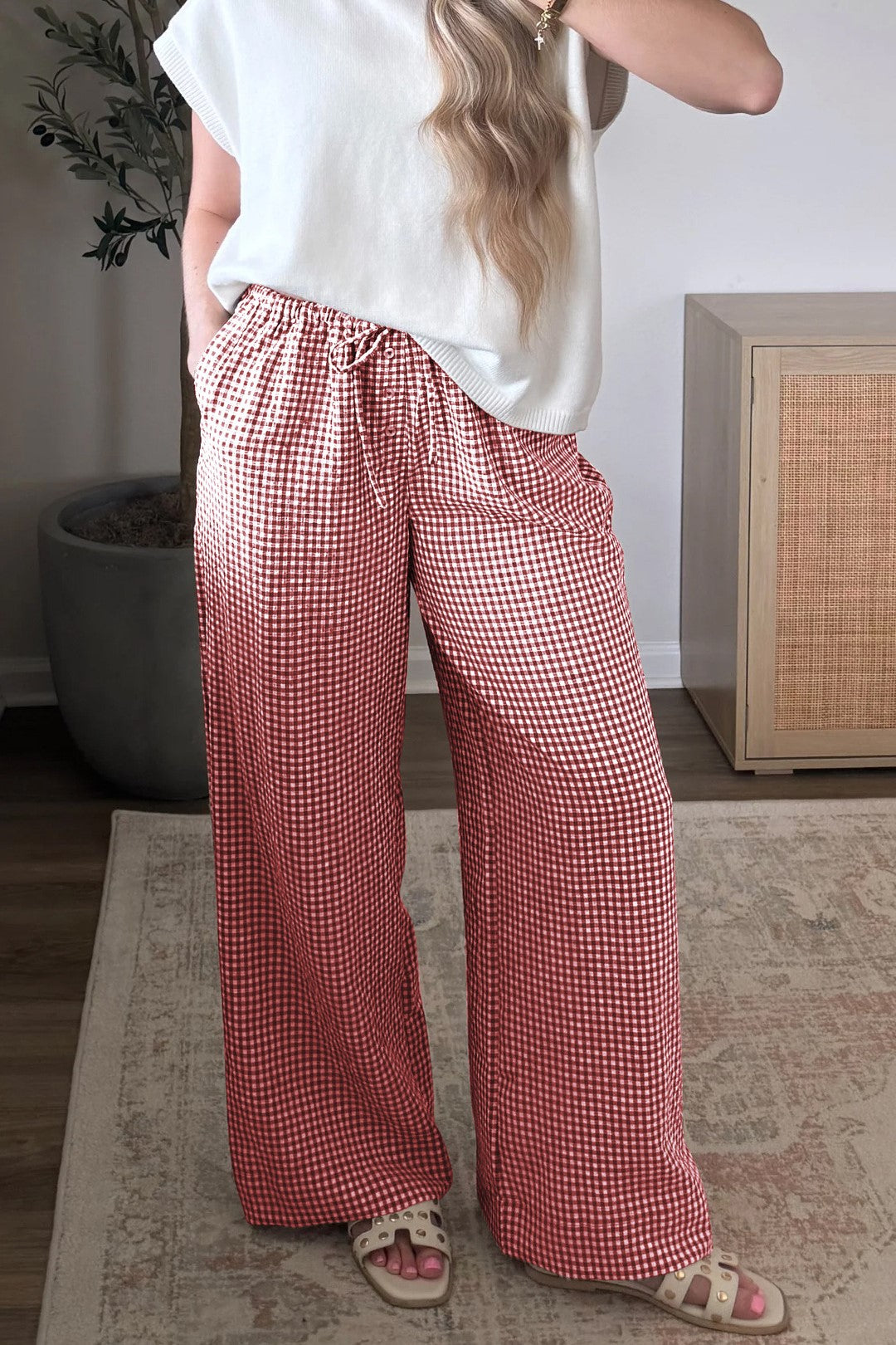 Gingham Check Wide Leg Drawstring Pants - Red