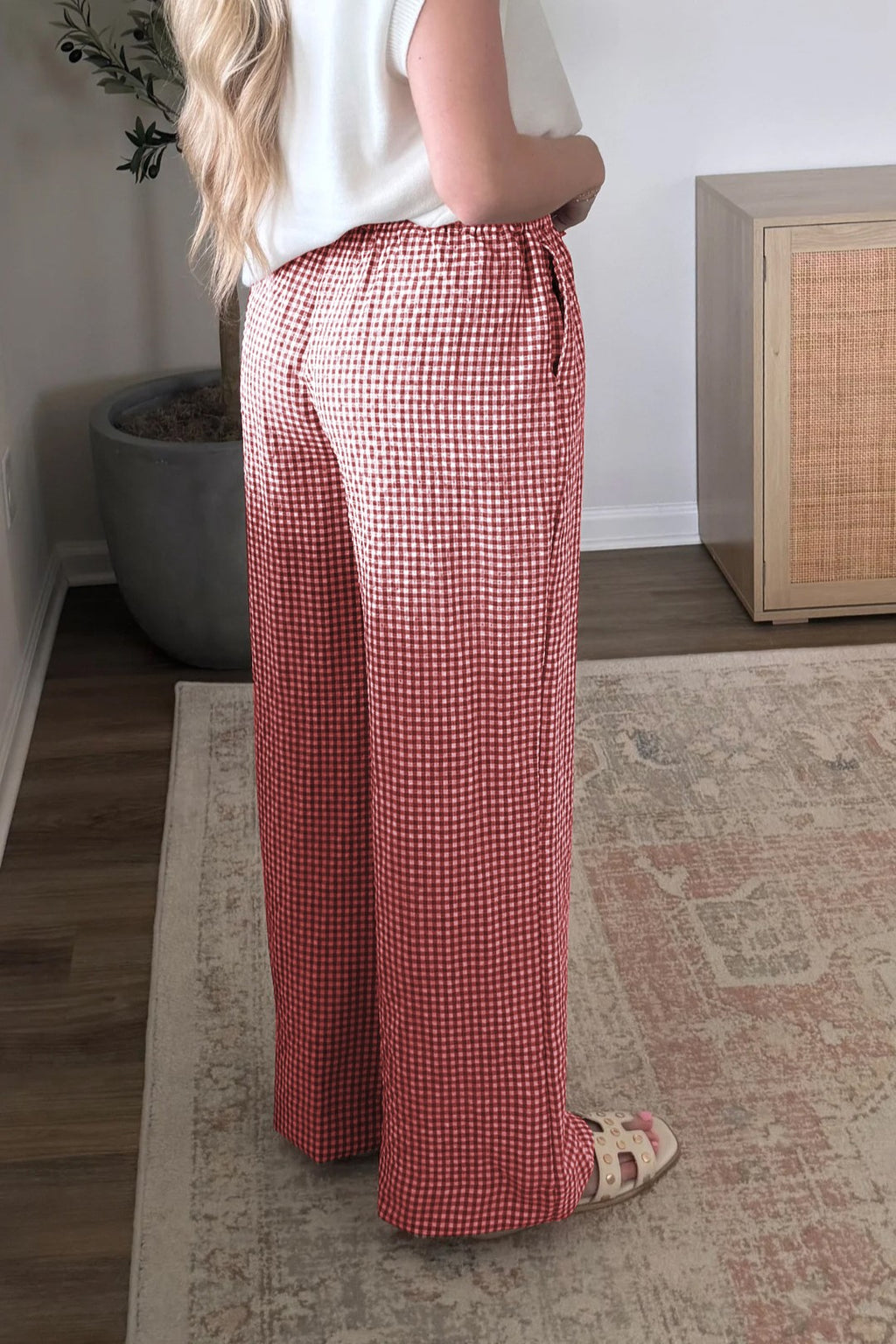 Gingham Check Wide Leg Drawstring Pants - Red - 1