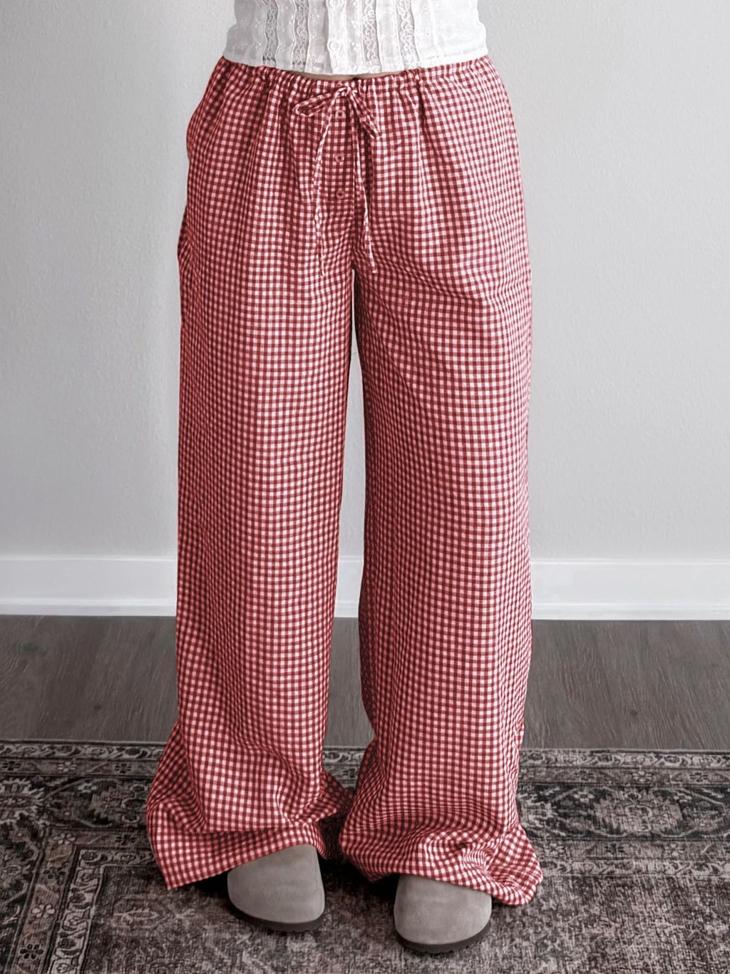 Gingham Check Wide Leg Drawstring Pants - Red - 2