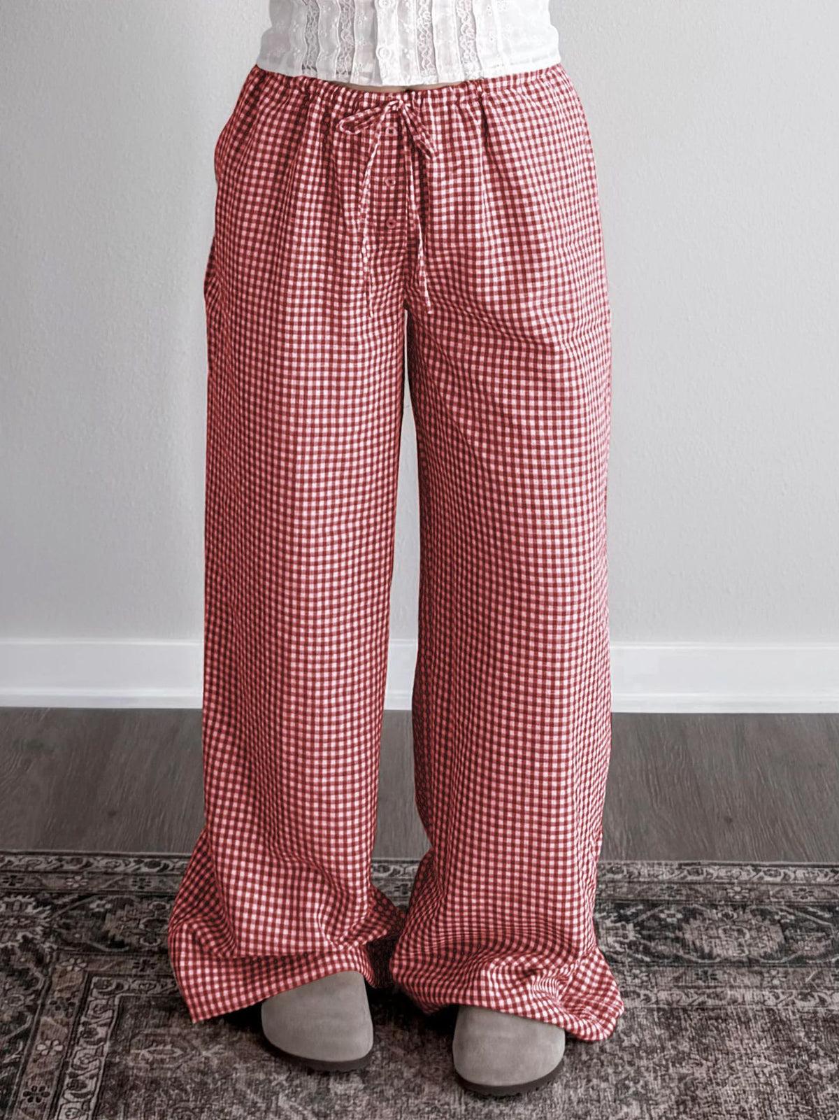 Gingham Check Wide Leg Drawstring Pants - Red - 2