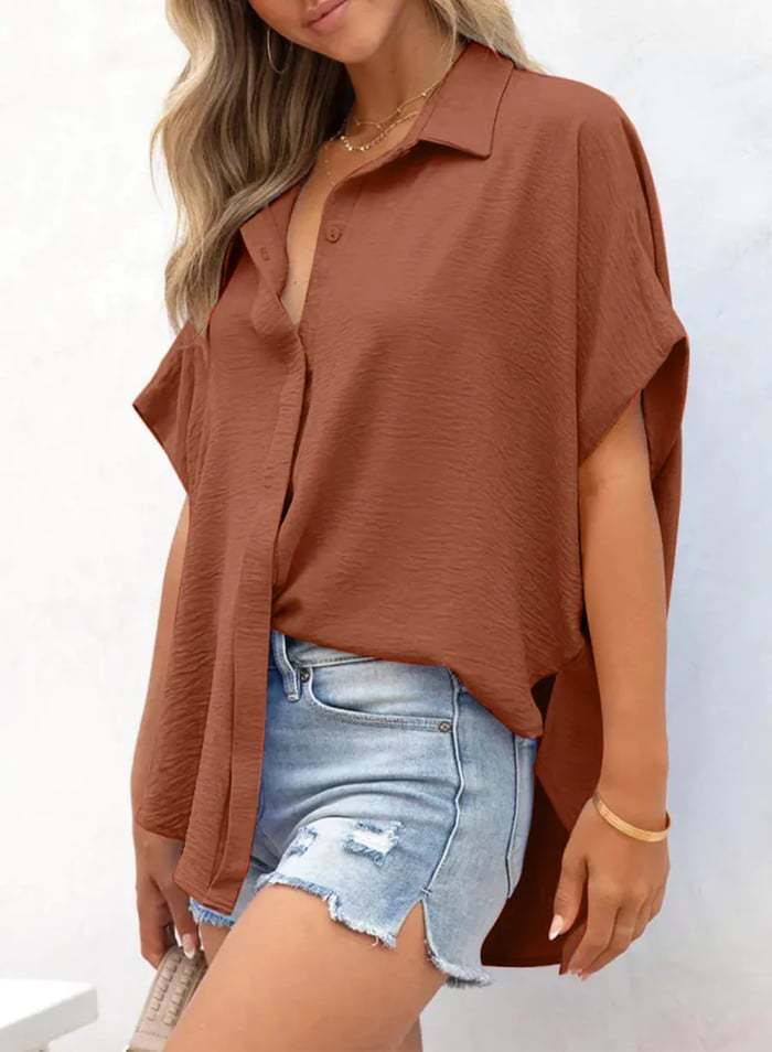 Crinkle Dolman Sleeve Button-Up Blouse - Brown