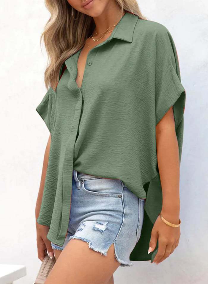 Crinkle Dolman Sleeve Button-Up Blouse - Green